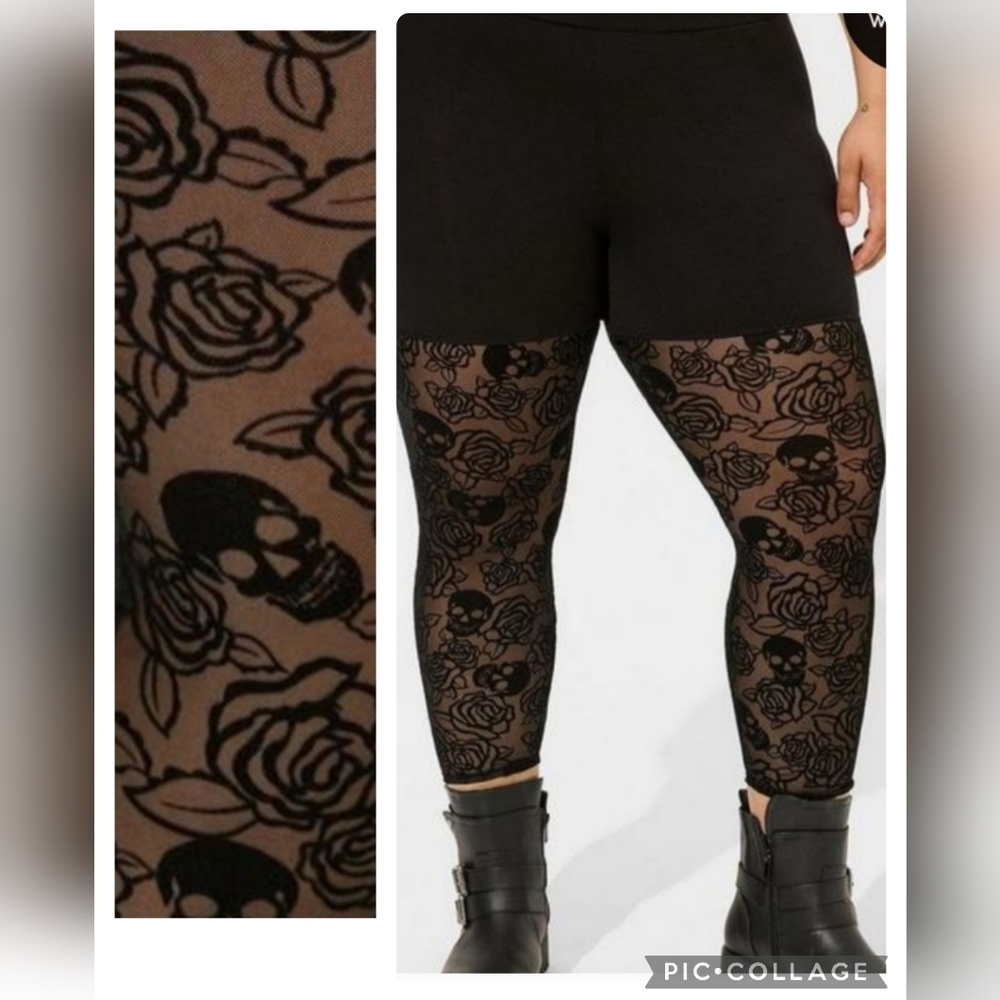🆕️🌹☠️ BETSEY JOHNSON SKULL & FLORAL FLOCKED LACE CROPPED LEGGINGS☠️🌹